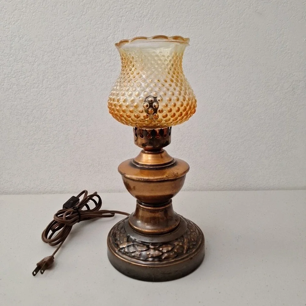Victorian Style Vintage Table Hurricane Lamp COPPER BASE & AMBER HOBNAIL SHADE